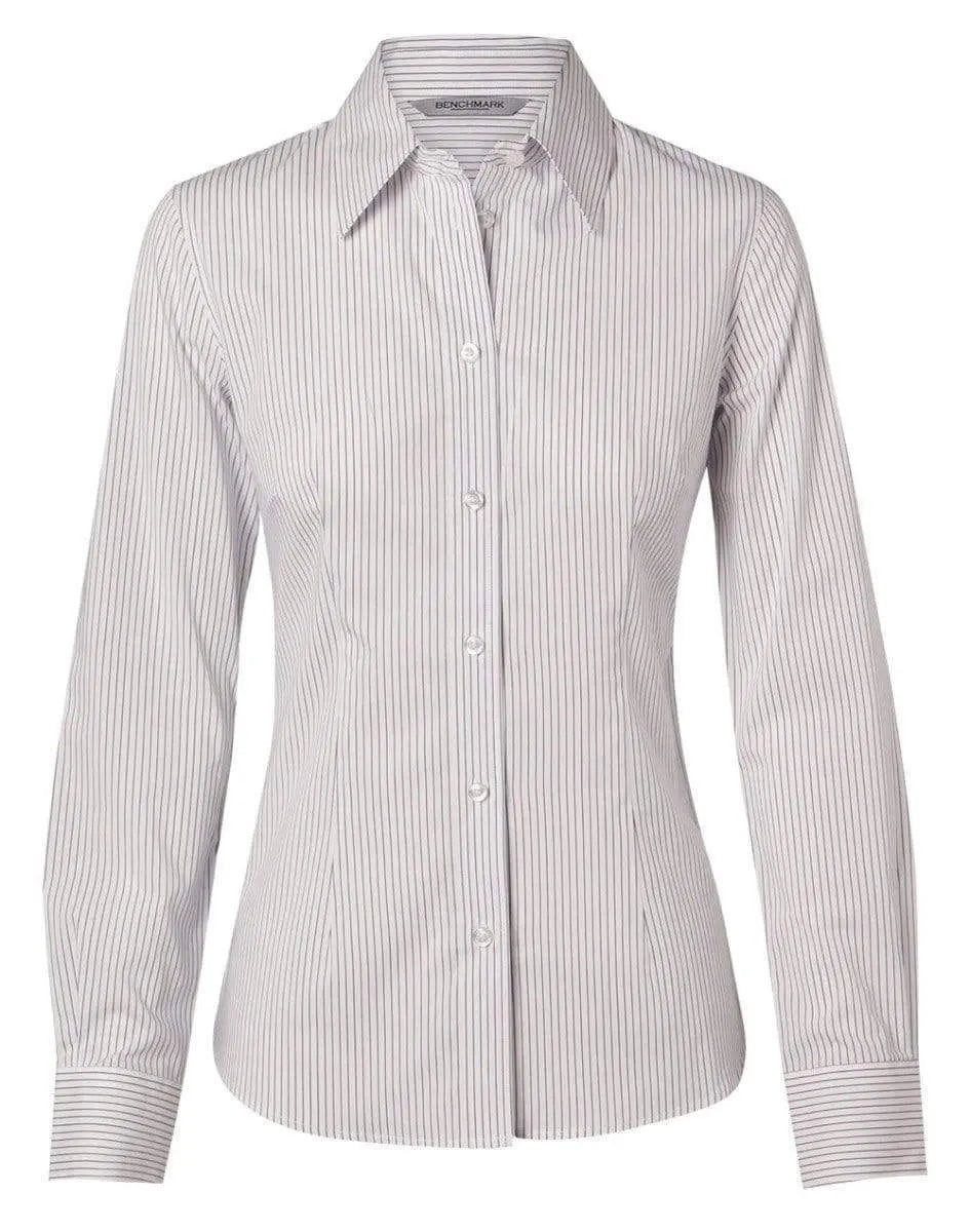 BENCHMARK Women's Ticking Stripe Long Sleeve Shirt M8200L Corporate Wear Benchmark White/Grey 6